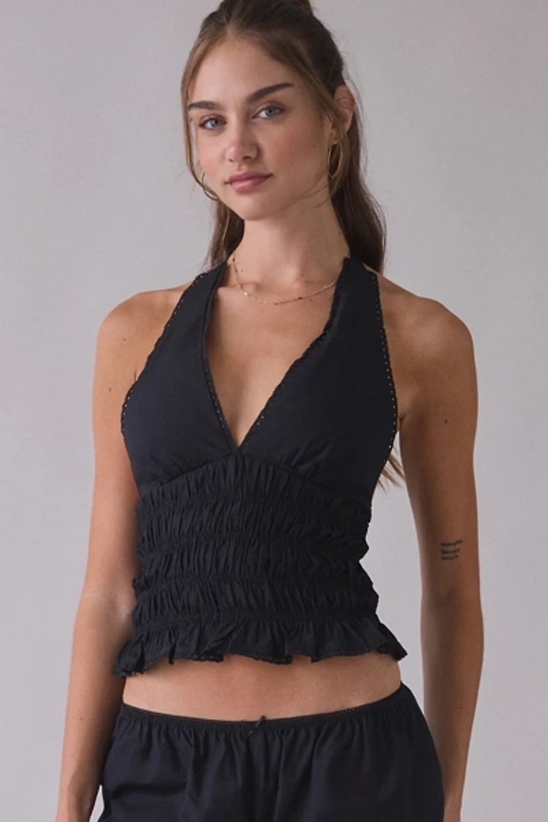 NIA Filippo Smocked Plunging Halter Top