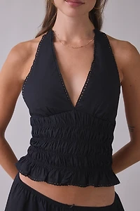 NIA Filippo Smocked Plunging Halter Top