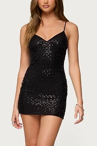 Edikted Nathalia Beaded Mesh Mini Dress