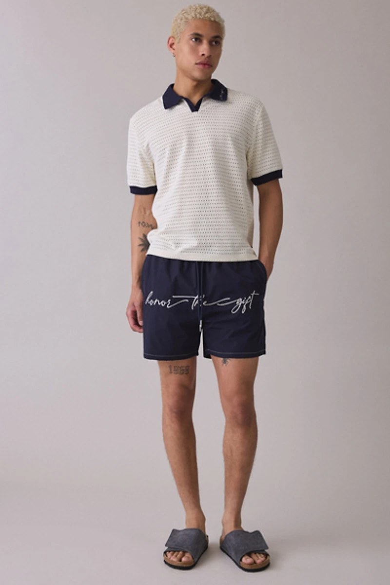 Honor The Gift Cursive Hybrid 5” Swim Trunks