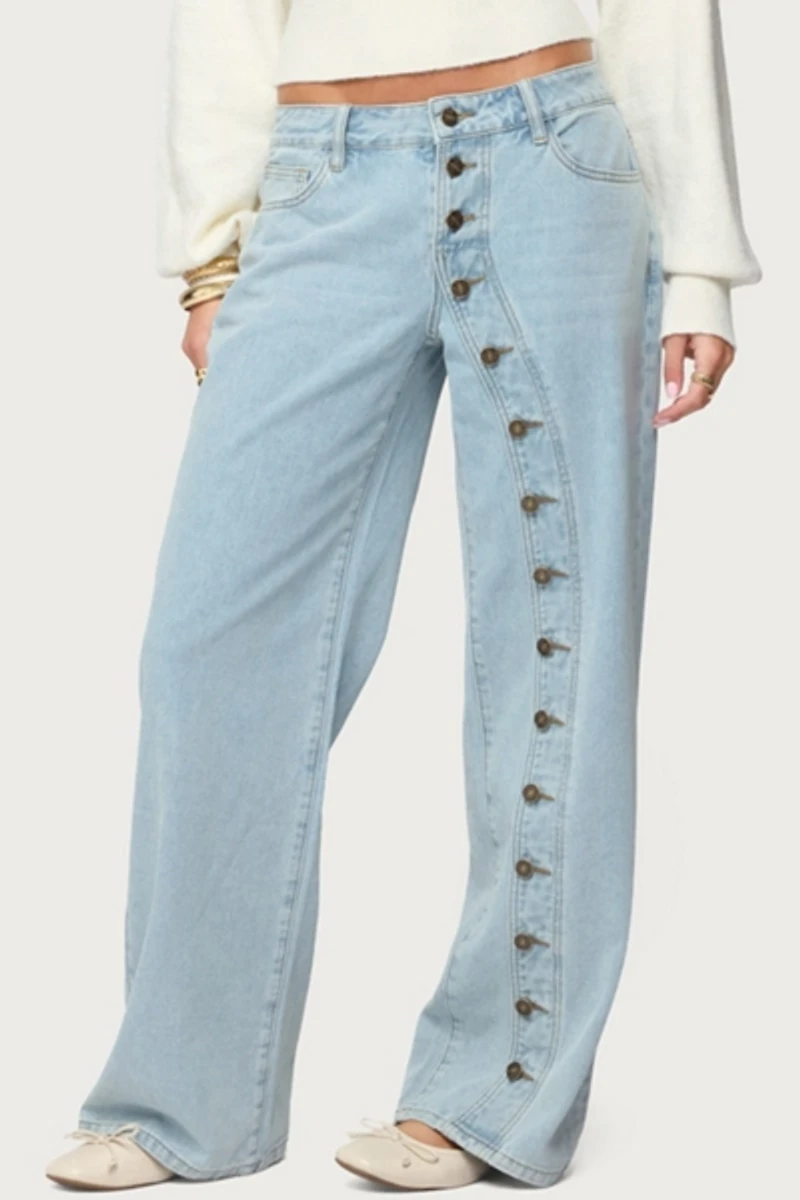 Edikted Adison Button Low Rise Baggy Jeans
