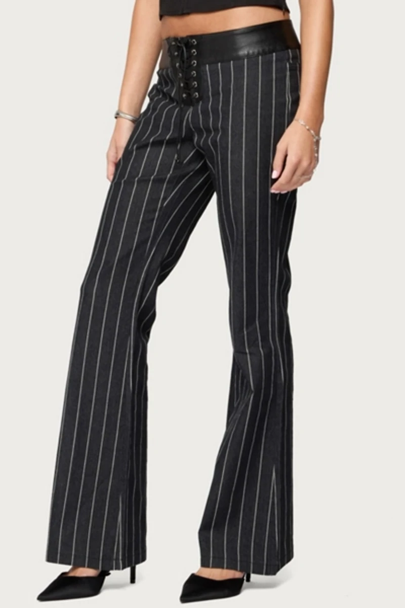 Edikted Pinstripe & Faux Leather Low Rise Flared Jeans