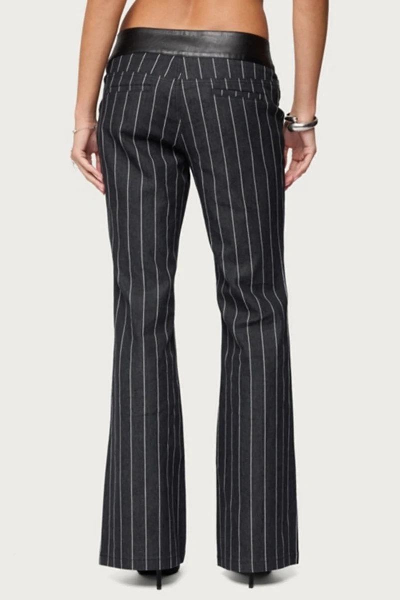 Edikted Pinstripe & Faux Leather Low Rise Flared Jeans