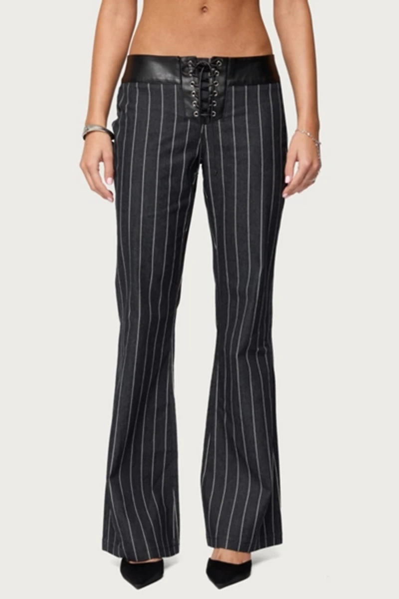 Edikted Pinstripe & Faux Leather Low Rise Flared Jeans