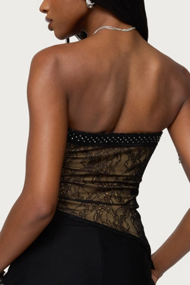 Edikted Fia Rhinestone Strapless Lace Top