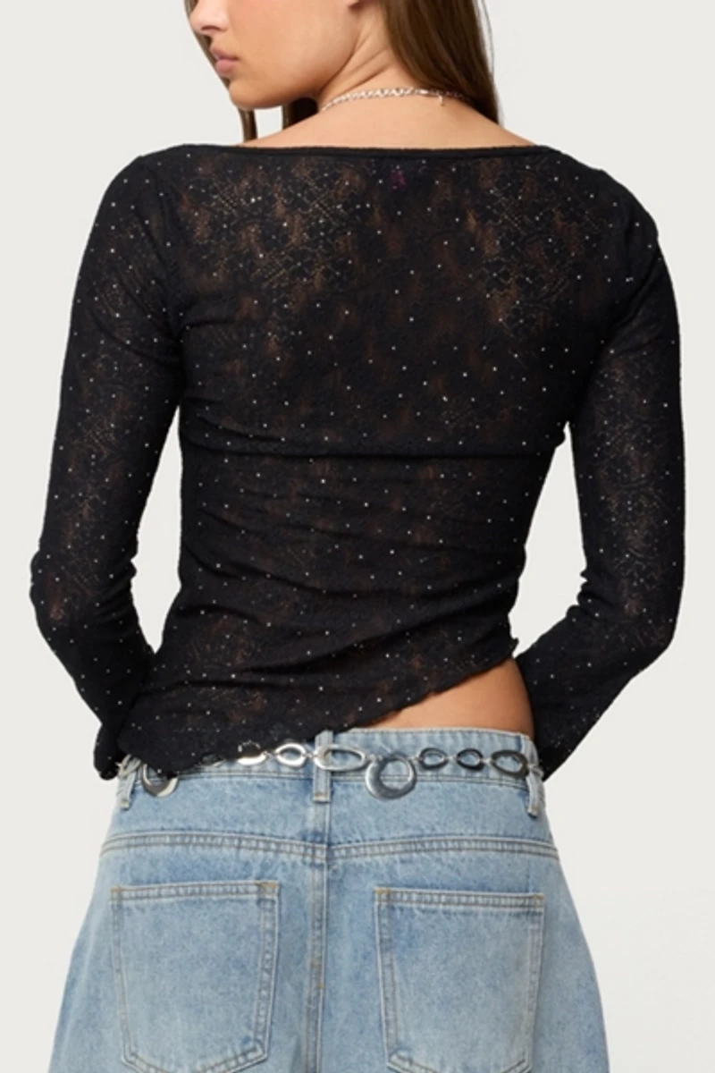 Edikted Mare Asymmetric Gem Sheer Lace Top