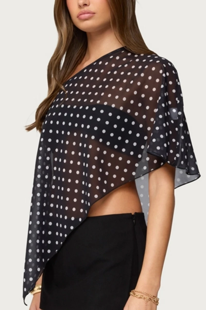 Edikted Sheer Chiffon Asymmetric Polka Dot Poncho