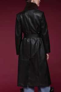 Avec Les Filles Faux Fur Trimmed Leather Wrap Coat