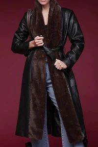 Avec Les Filles Faux Fur Trimmed Leather Wrap Coat