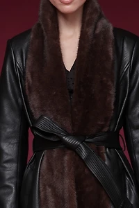 Avec Les Filles Faux Fur Trimmed Leather Wrap Coat