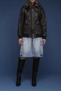 Avec Les Filles Shearling Collared Genuine Leather Bomber Jacket