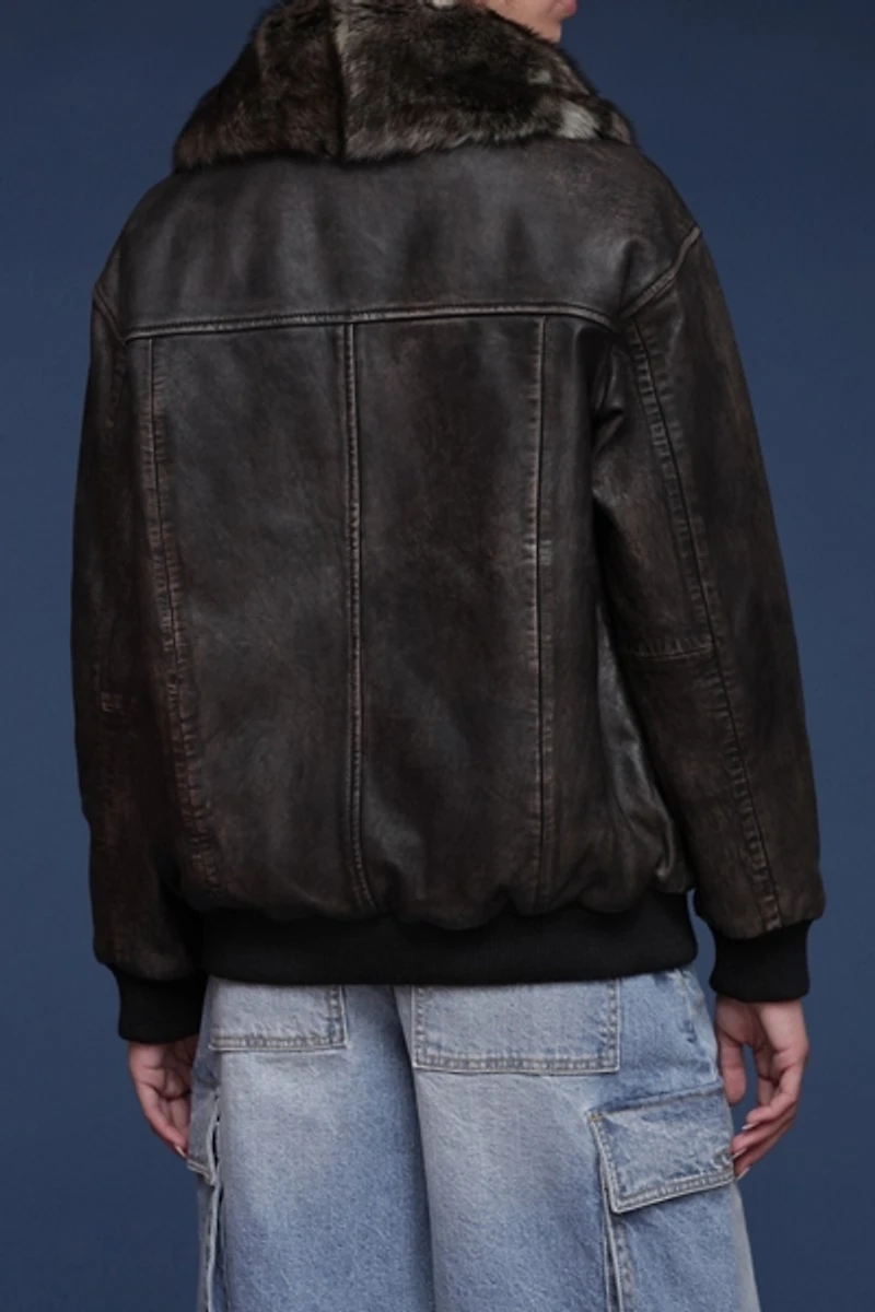 Avec Les Filles Shearling Collared Genuine Leather Bomber Jacket