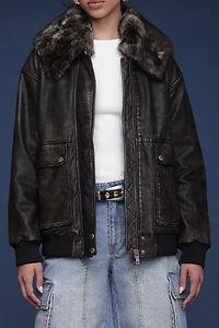 Avec Les Filles Shearling Collared Genuine Leather Bomber Jacket
