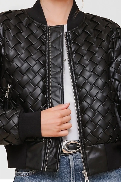 Avec Les Filles Woven Faux-Ever Leather™ Bomber Jacket