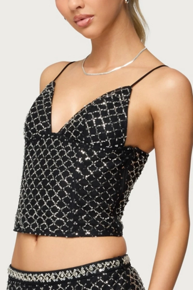 Edikted Jenny Beaded Mesh Boned Top