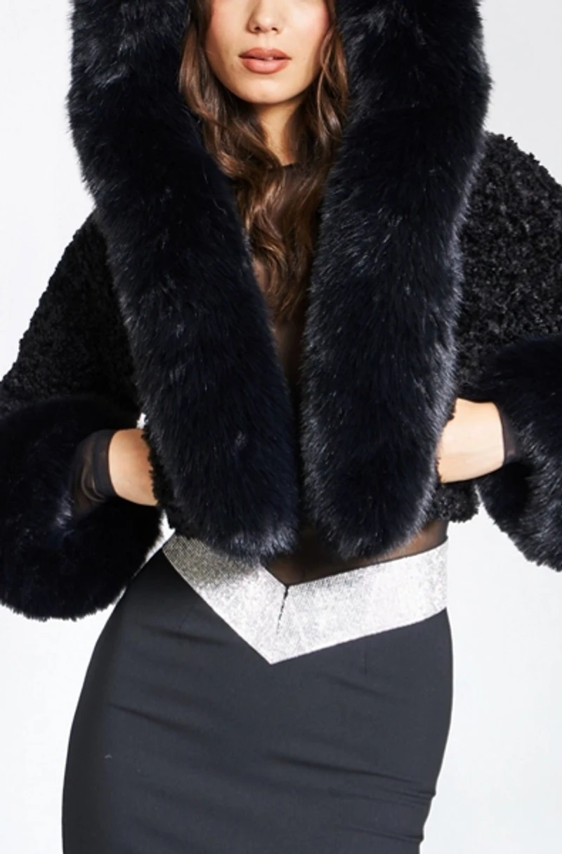 Miss Circle Kali Cropped Faux Fur Hooded Jacket