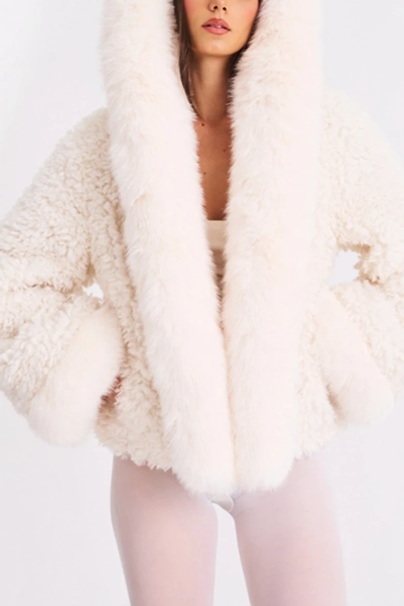 Miss Circle Jumbo Kali Vegan Shearling Hooded Faux Fur Coat