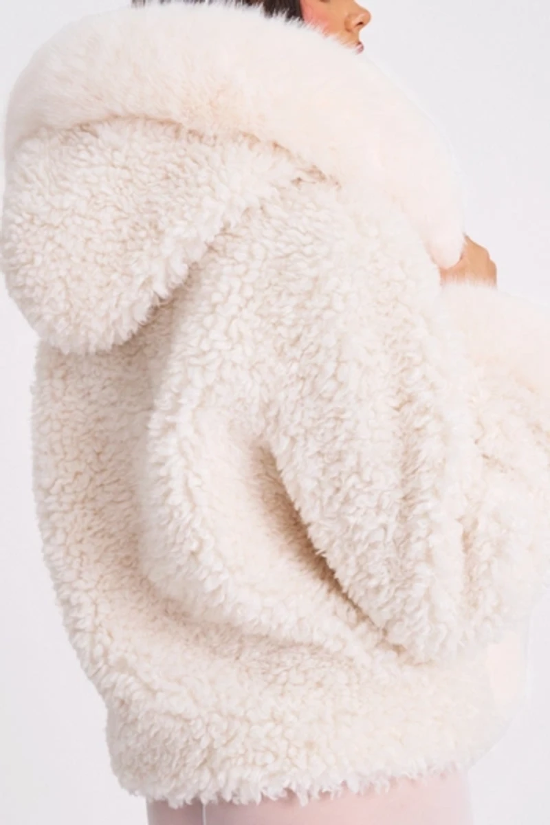 Miss Circle Jumbo Kali Vegan Shearling Hooded Faux Fur Coat