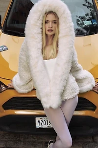 Miss Circle Jumbo Kali Vegan Shearling Hooded Faux Fur Coat