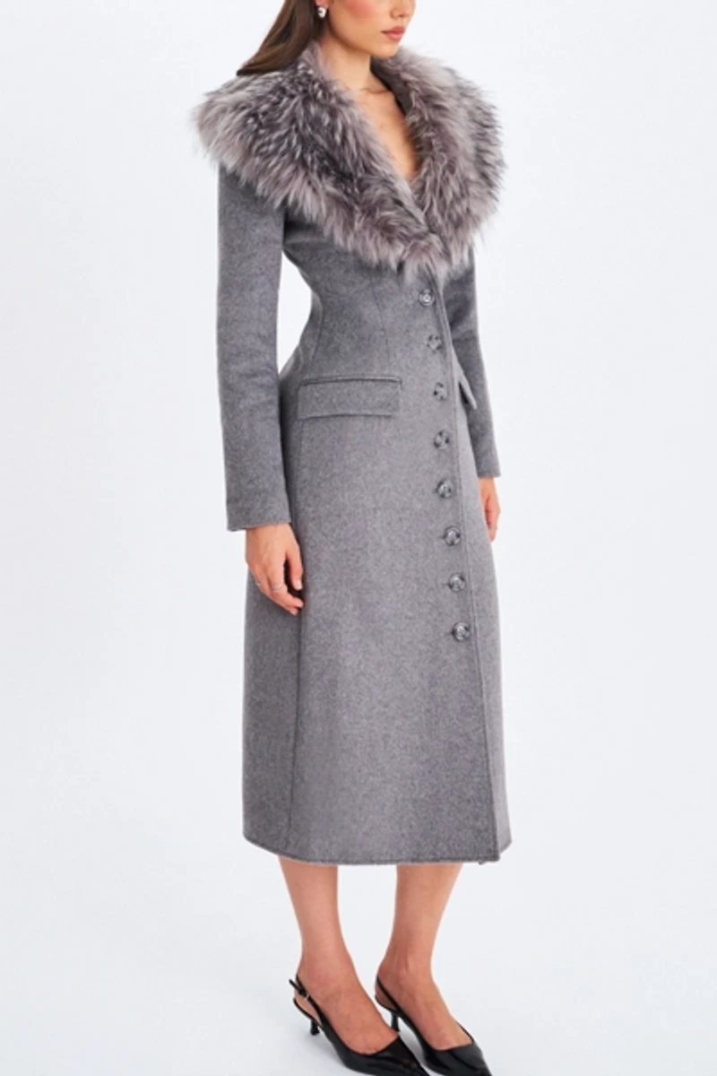 Miss Circle Faye Wool Blend Faux Fur Collared Coat