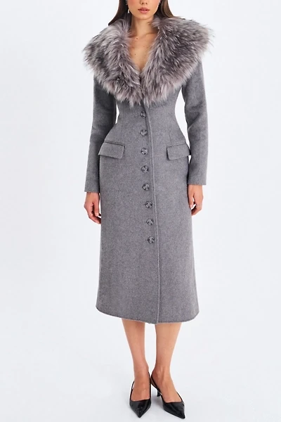 Miss Circle Faye Wool Blend Faux Fur Collared Coat