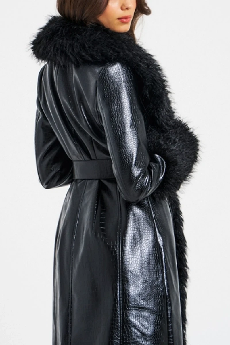 Miss Circle Zella Faux Fur Trim Vegan Croc Leather Coat