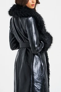 Miss Circle Zella Faux Fur Trim Vegan Croc Leather Coat