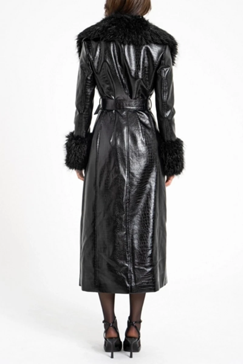 Miss Circle Zella Faux Fur Trim Vegan Croc Leather Coat