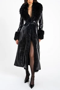 Miss Circle Zella Faux Fur Trim Vegan Croc Leather Coat