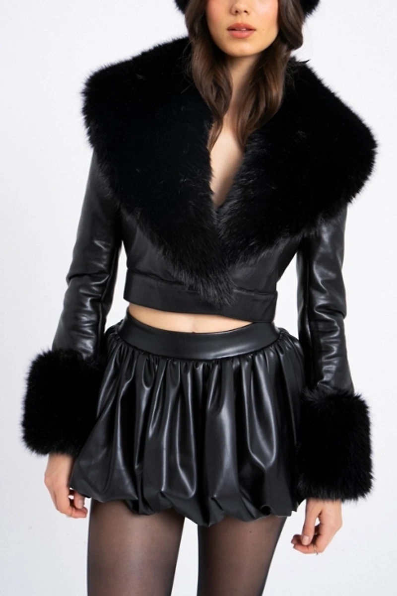 Miss Circle Ziah Cropped Faux Fur Trim Leather Jacket