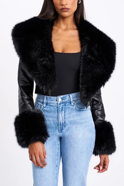 Miss Circle Ziah Cropped Faux Fur Trim Leather Jacket