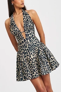 Miss Circle Mackenzie Cheetah Print Halter Linen Mini Dress