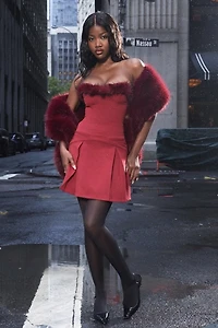 Miss Circle Nalia Fur Trim Sweetheart Mini Dress