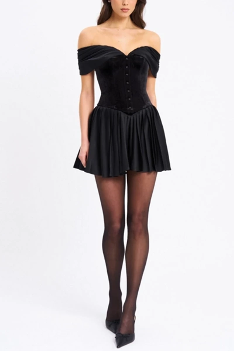 Miss Circle Echo Velvet Off-The-Shoulder Pleated Mini Dress