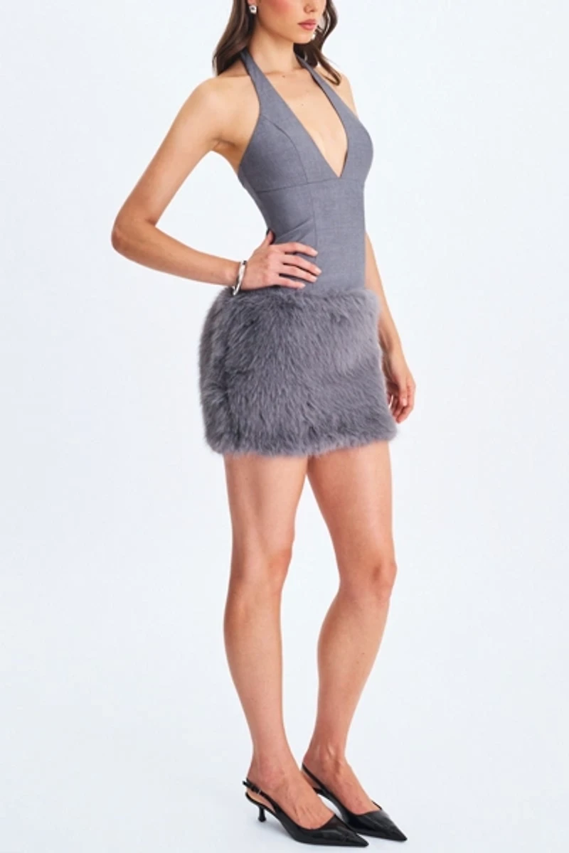 Miss Circle Daisy Drop Waist Fur Trim Halter Mini Dress