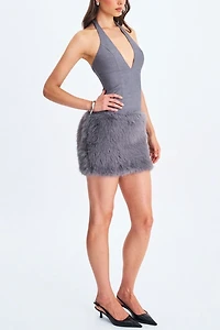 Miss Circle Daisy Drop Waist Fur Trim Halter Mini Dress