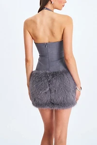 Miss Circle Daisy Drop Waist Fur Trim Halter Mini Dress