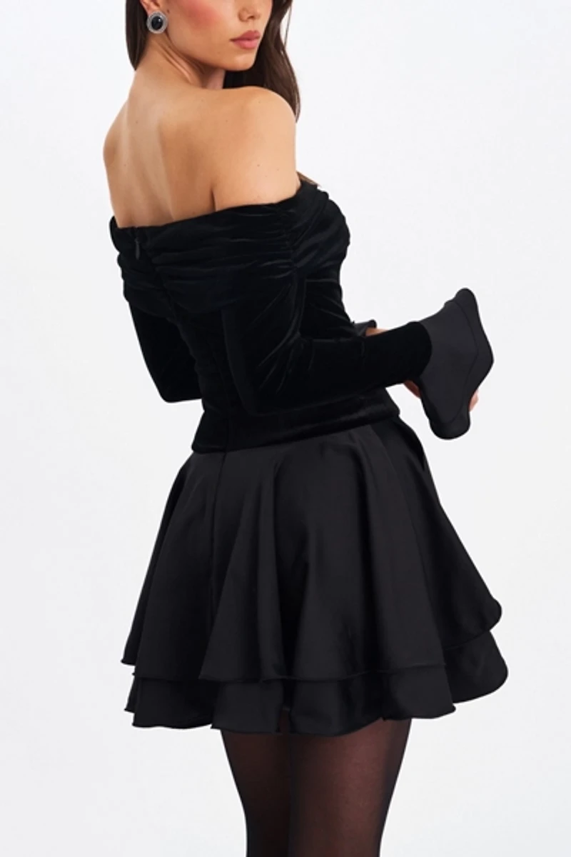 Miss Circle Magnolia Off-The-Shoulder Layered Velvet Mini Dress