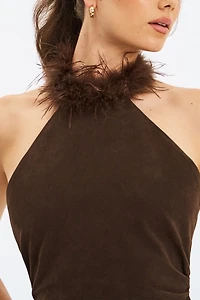 Miss Circle Yael Vegan Suede Faux Fur Halter Mini Dress