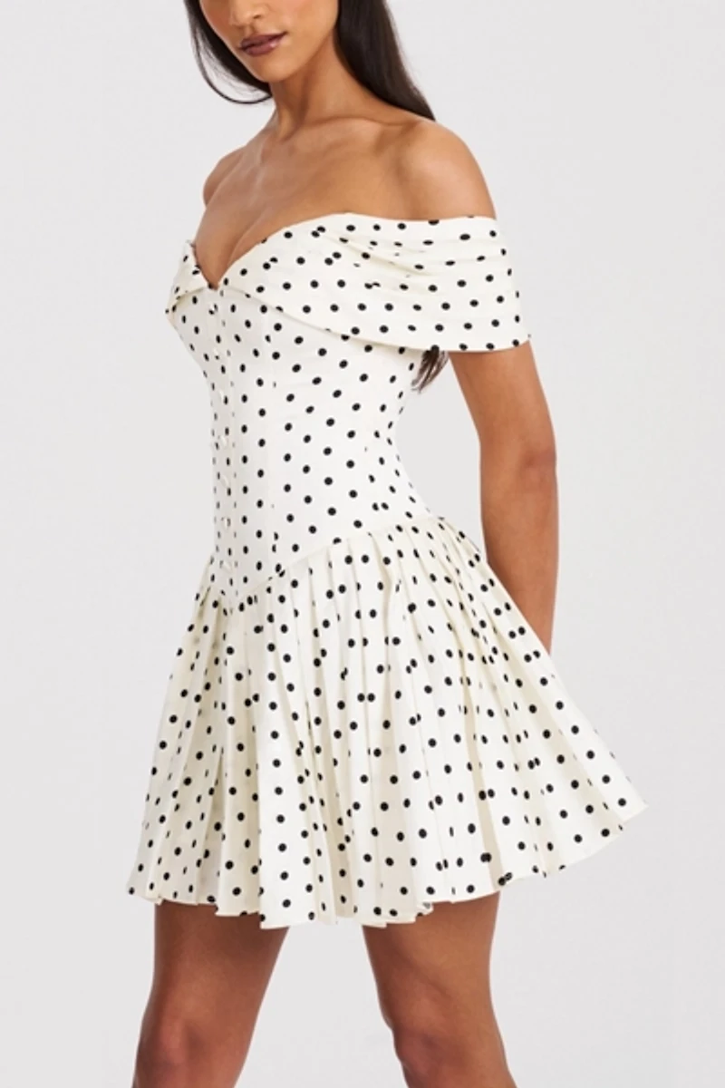 Miss Circle Edeline Polka Dot Off-The-Shoulder Pleated Mini Dress