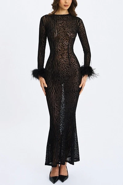 Miss Circle Patricia Fur Trim Burnout Velvet Maxi Dress