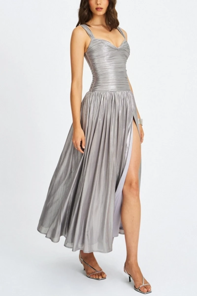 Miss Circle Palmer Glitter Drop Waist High Slit Maxi Dress