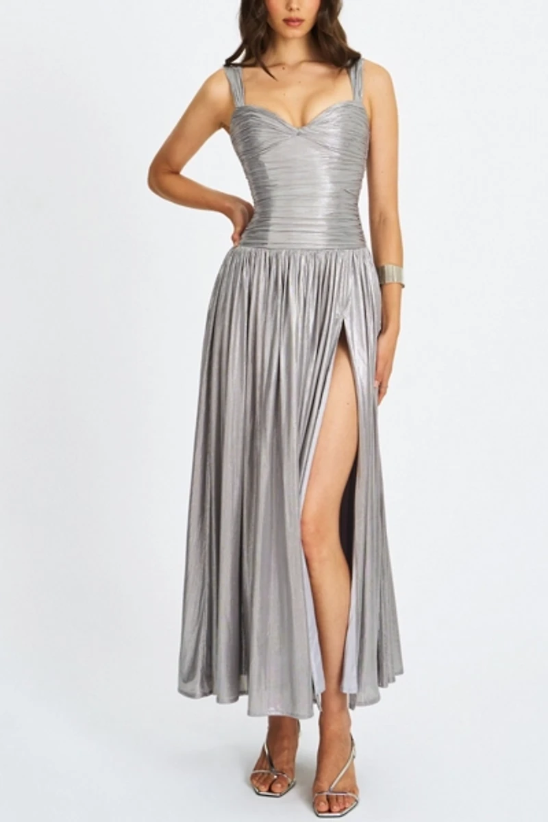 Miss Circle Palmer Glitter Drop Waist High Slit Maxi Dress