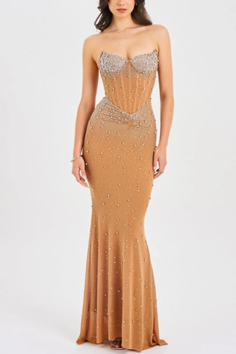 Miss Circle Fatima Crystal Corset Mesh Mermaid Maxi Dress