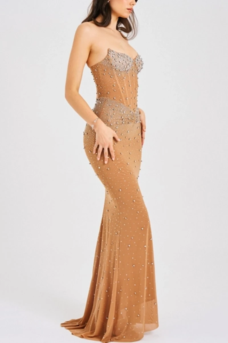 Miss Circle Fatima Crystal Corset Mesh Mermaid Maxi Dress