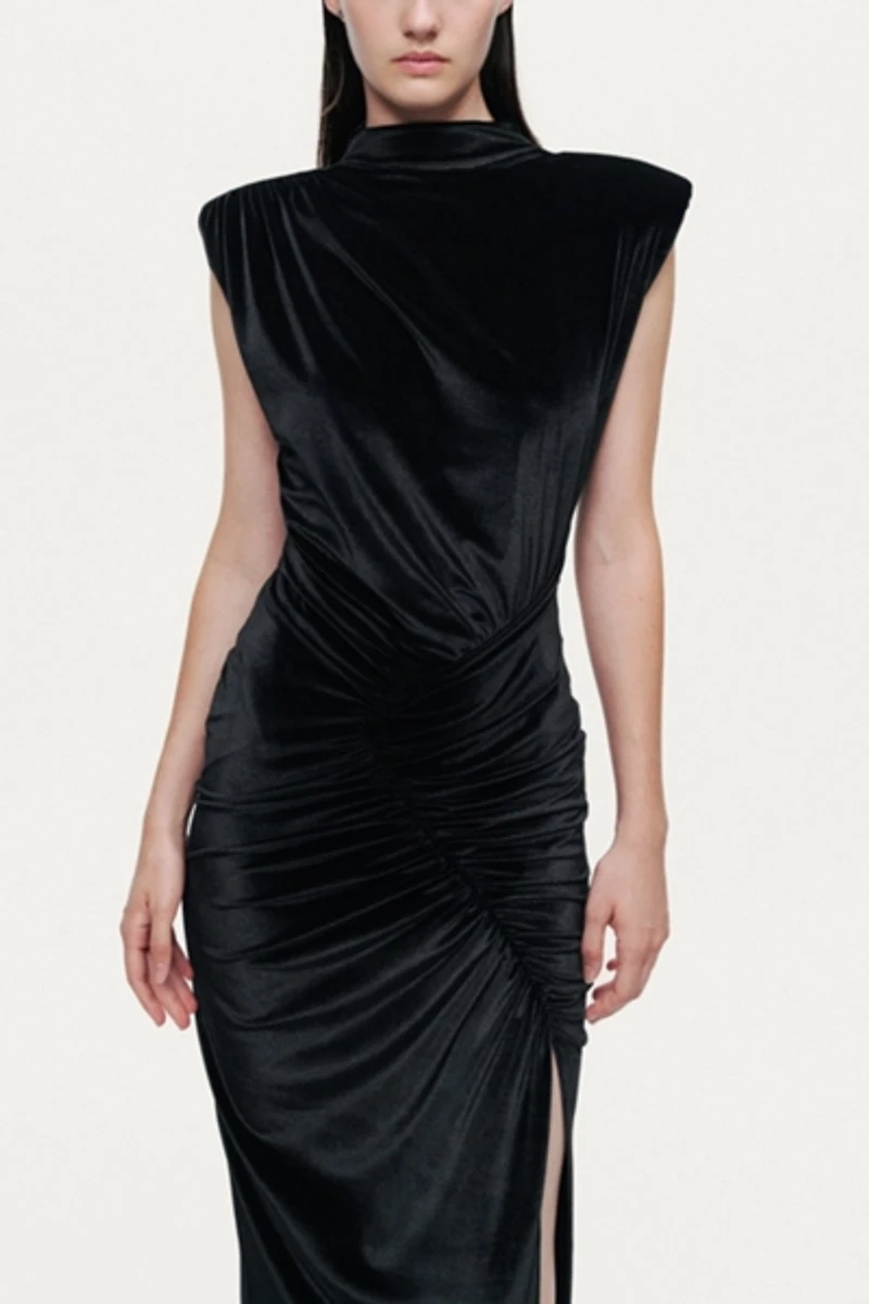 Nocturne High-Neck Ruched Midi Dress