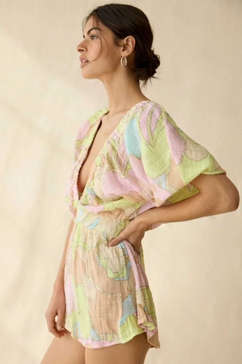 Out From Under Sandy Beach Plunging Short Sleeve Romper