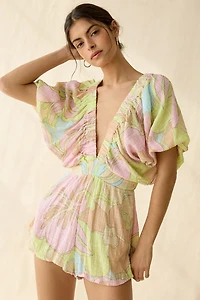 Out From Under Sandy Beach Plunging Short Sleeve Romper