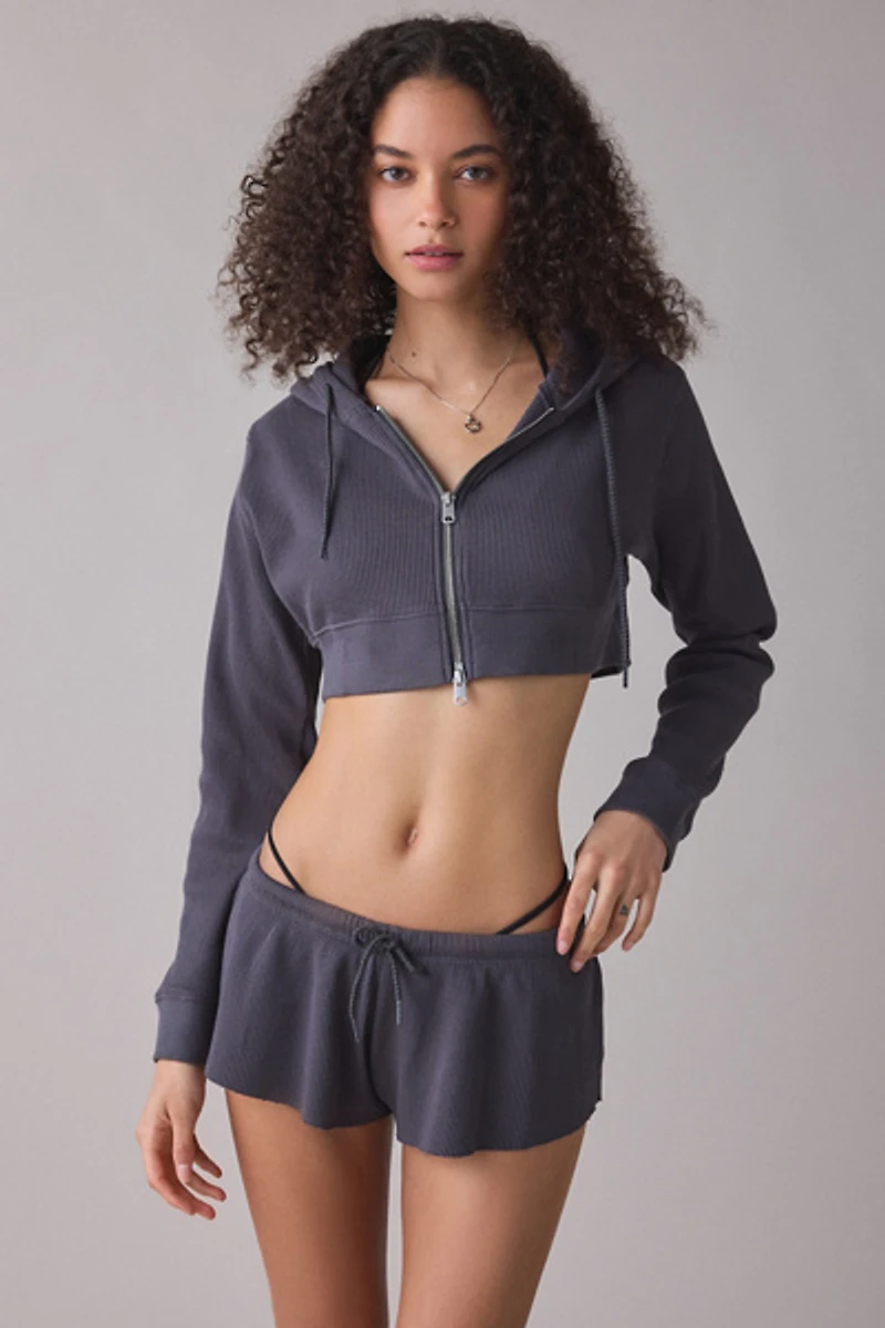 Out From Under So Fetch Waffle Knit Cropped Zip-Up Hoodie Sweatshirt