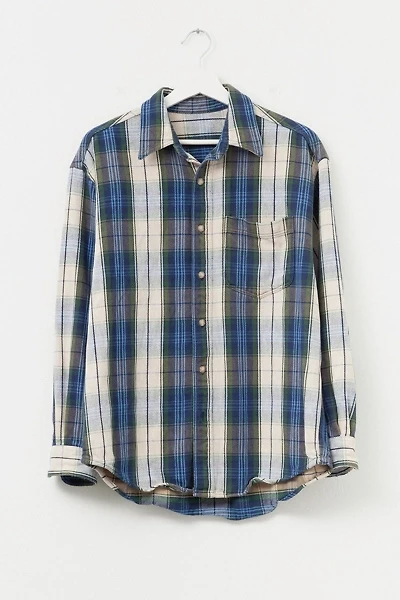 Vintage 1980s Distressed Blue White Cotton Plaid Button Up Work Shirt